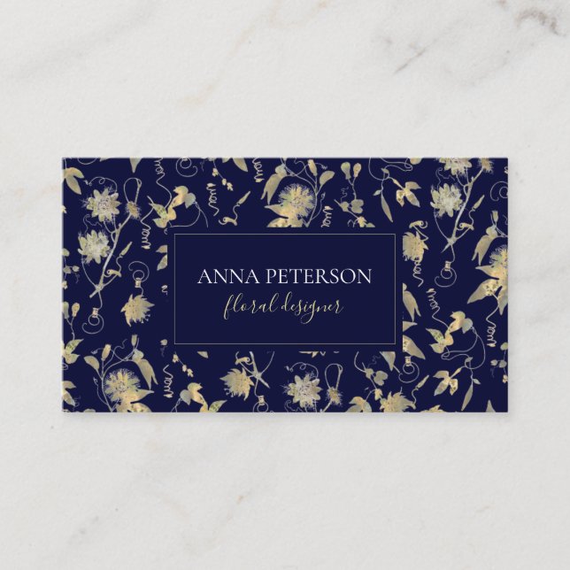 Carte De Visite Elégante dorée Passion Fleur Vine Dark Navy Bleu (Devant)