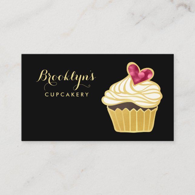 Carte De Visite Élégante FAUX Gold Cupcakery et Pink Bokeh Heart (Devant)