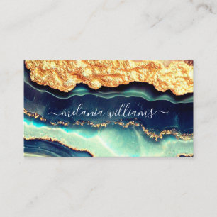 Carte De Visite Elégante Gold Blue Marble Agate Geode QR Code