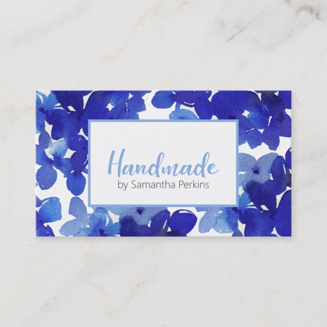 Carte De Visite Élégante Hydrangée Fleur Bleue Faite À La Main (Devant)