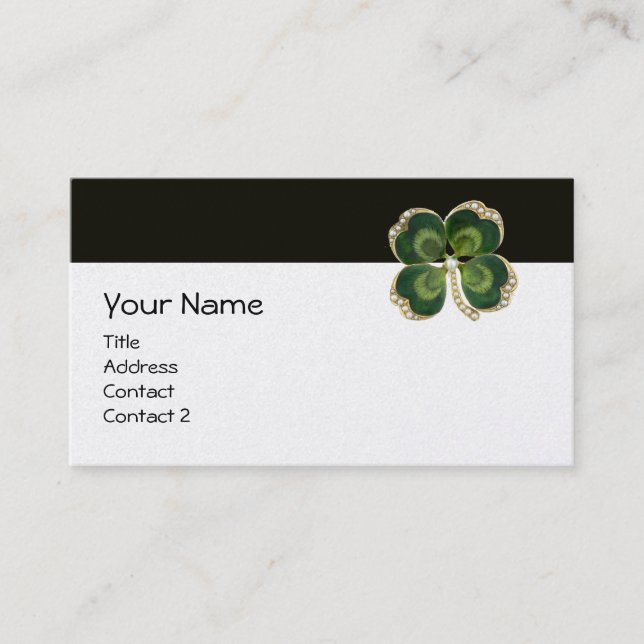 CARTE DE VISITE ÉLÉGANTE JUMEAU SHAMROCK VERT D'OR AVEC PERLES (Devant)