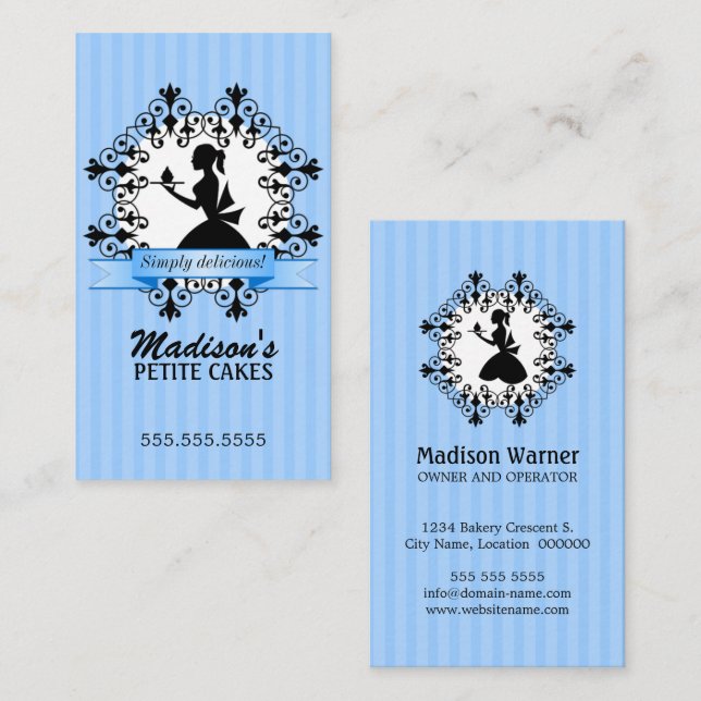 Carte De Visite Elégante Lady Silhouette Cupcake Blue (Devant / Derrière)