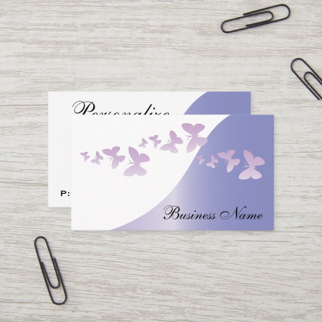 Carte De Visite Élégante Lavande avec papillons | Personnaliser (Devant/Arrière en situation)