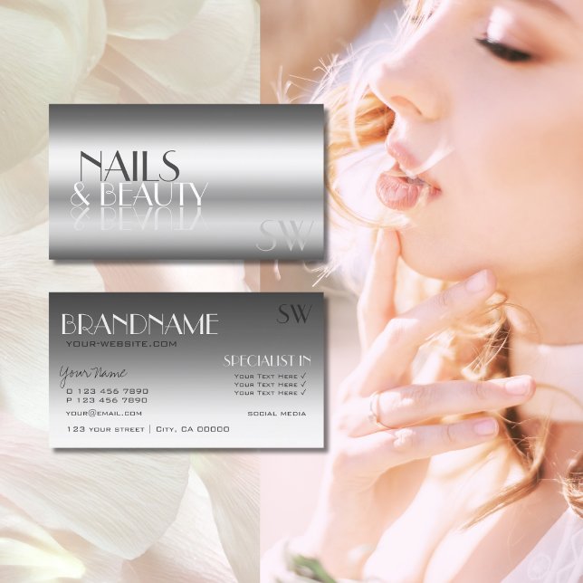 Carte De Visite Elégante lettres miroir moderne argent avec Monogr (Créateur téléchargé)