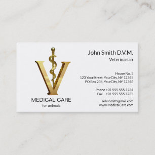 Carte De Visite Elégante médecine vétérinaire Or V Vet Asclepius