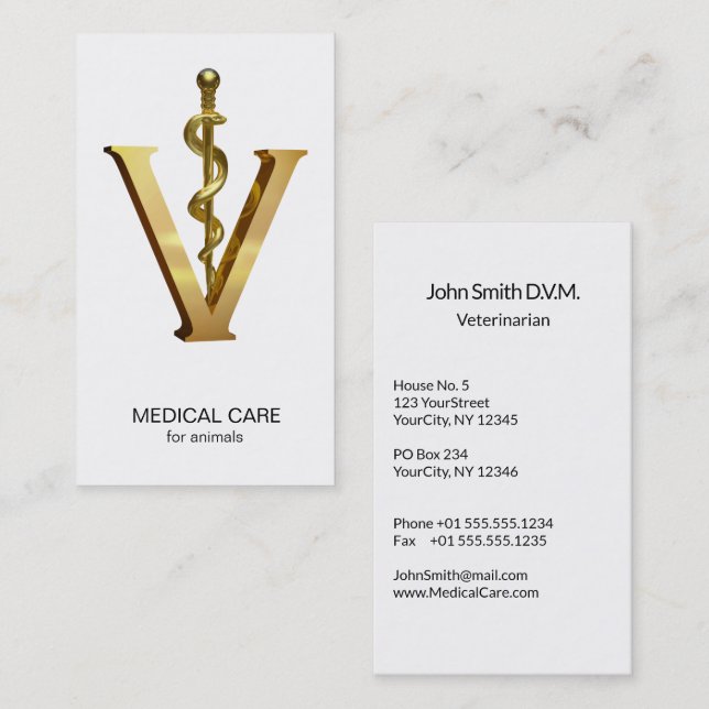 Carte De Visite Elégante médecine vétérinaire Or V Vet Asclepius (Devant / Derrière)