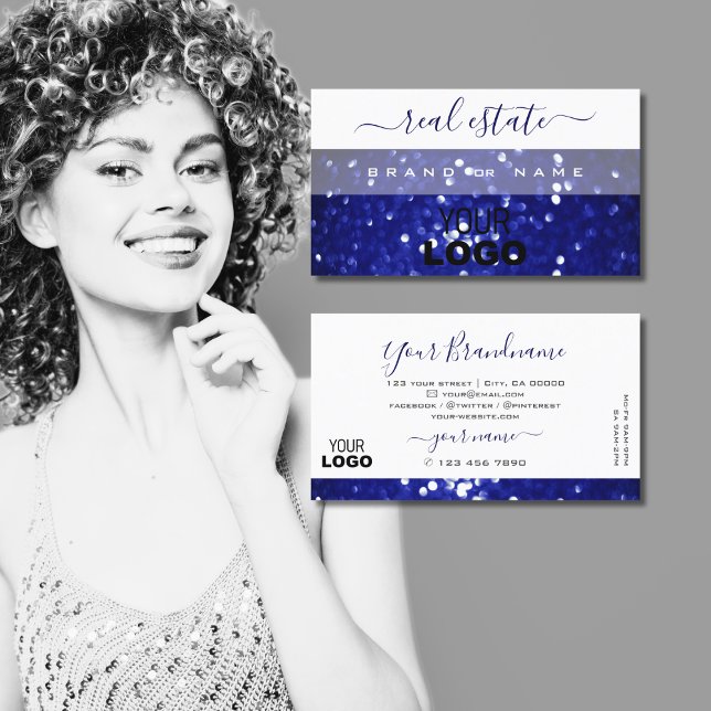 Carte De Visite Elégante Parties scintillant blanche et bleue avec (Créateur téléchargé)