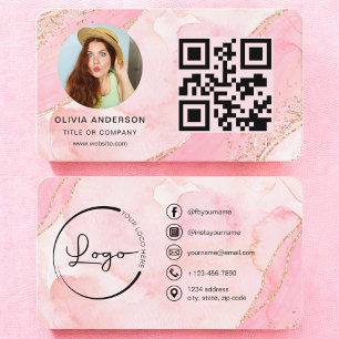 Carte De Visite Elégante Parties scintillant rose or QR Code Photo