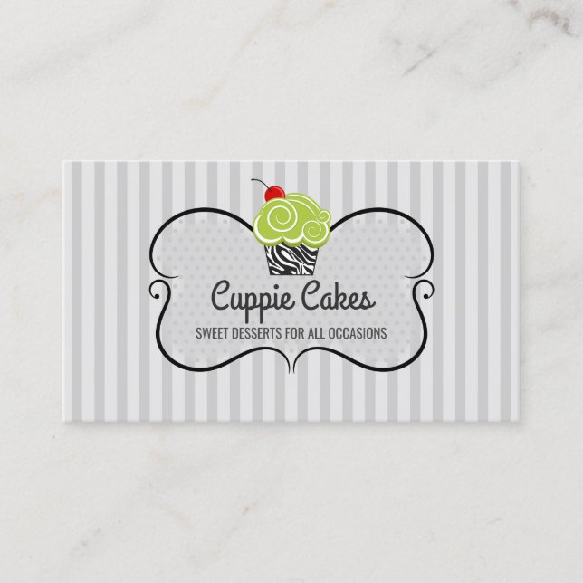 Carte De Visite Élégante pâtisserie à tartines verte et zébrée (Devant)