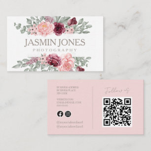 Carte De Visite Élégante photographie de code QR floral rose