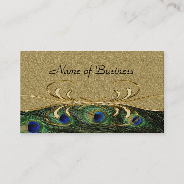 Carte De Visite Elégante Plumes Peacock Golden Swirl double face (Devant)
