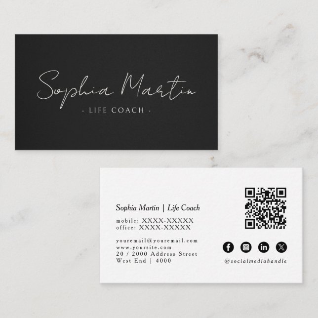 Carte de visite élégante simple code QR noir (Devant / Derrière)