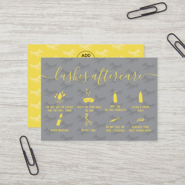 Carte De Visite Élégants cils après soins gris illustrations jaune (Devant/Arrière en situation)
