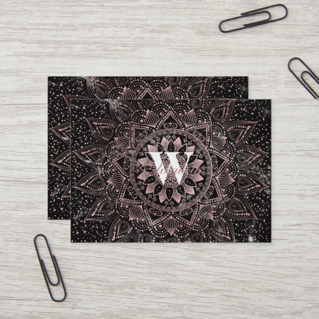 Carte De Visite Elégants pointes Roses en or marbre Mandala (Devant/Arrière en situation)