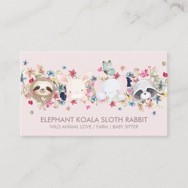 CARTE DE VISITE ÉLÉPHANT KOALA SLOTH RABBIT BÉBÉ ANIMAL ROSE (Devant)