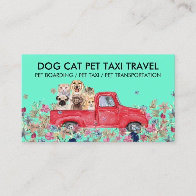Carte De Visite Embarquement Vert Fleurs de Camion Chiens Chats An (Devant)