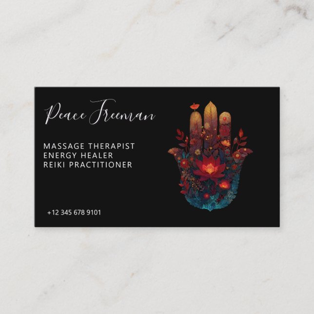 Carte De Visite Ember Lotus | Conception de la main Hamsa (Devant)