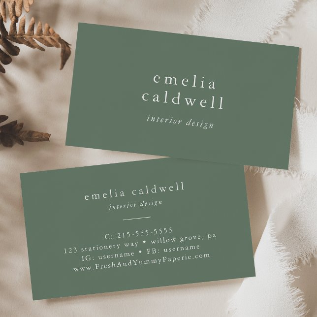 Carte De Visite EMELIA Russe Simple Sage Moderne Vert Olive Boho (EMELIA Rustic Simple Modern Sage Green Olive Boho Business Card)