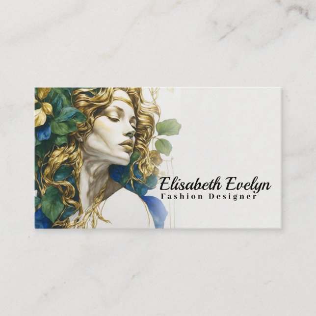 Carte De Visite Emerald Dreams en bleu et or : Silhouetté Woman (Devant)