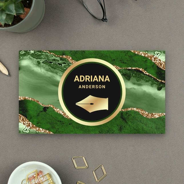 Carte De Visite Emerald Green Agate Avocat Procureur Gold Pen Nib (Créateur téléchargé)