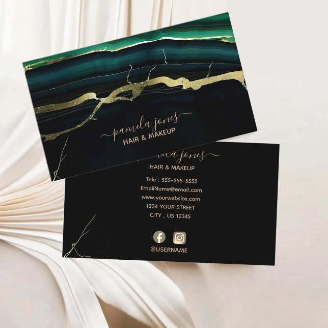 Carte De Visite Emerald Green Agate Gold Parties scintillant Scrip (Emerald Green Agate Gold Glitter Script Monogram Business Card)