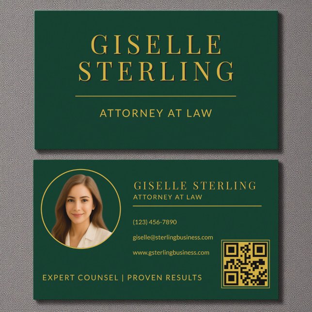 Carte De Visite Emerald Green Photo Attorney de Law Code QR (Créateur téléchargé)
