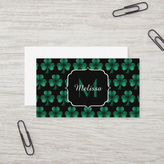Carte De Visite Emerald Green Sparkle Shamrock noir Monogramme (Devant/Arrière en situation)