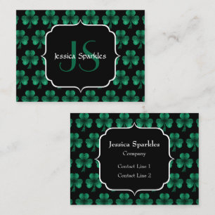 Carte De Visite Emerald Green Sparkle Shamrock noir Monogramme