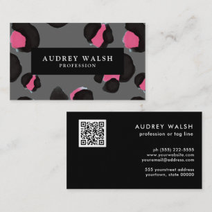 Carte De Visite Empreinte de léopard QR CODE Glam Pink Black Grey