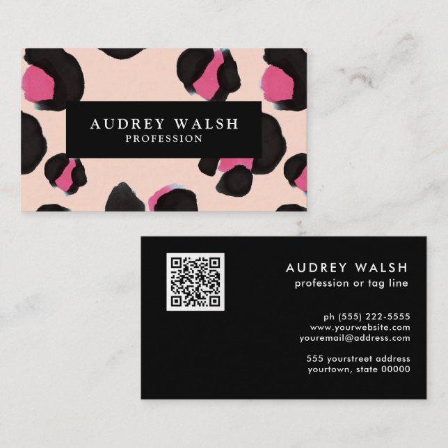 Carte De Visite Empreinte de léopard QR CODE Glam Rose Black BLUSH (Devant / Derrière)