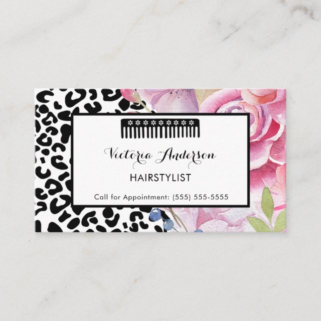 Carte De Visite Empreinte de léopard tendance coiffeuse florale av (Devant)