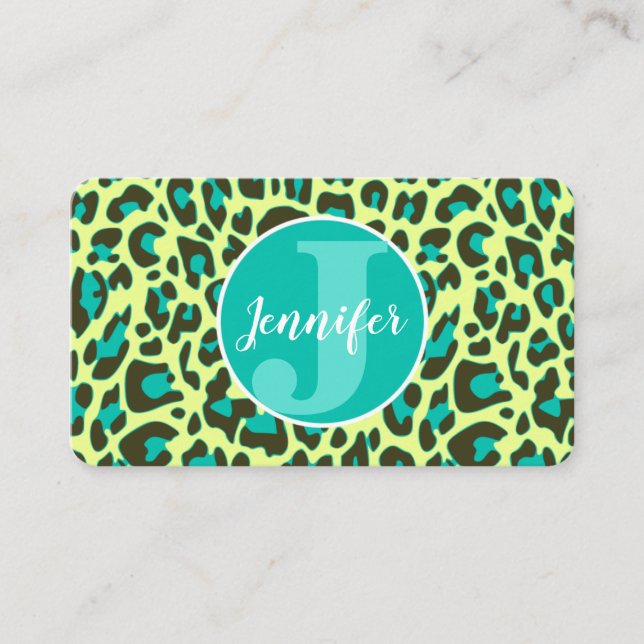 Carte De Visite Empreinte de léopard Turquoise jaune Rockabilly Cu (Devant)