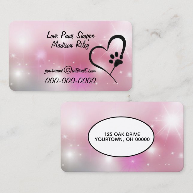 Carte De Visite Empreinte de patte et coeur sur Pink Bokeh (Devant / Derrière)
