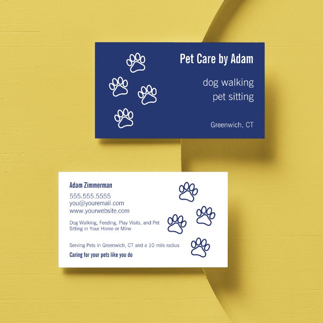 Carte De Visite Empreintes de pattes Chien Walker Animal de compag (Pet Care Dog Walker Dog Sitter  Paw Print Business Card in Dark Blue)