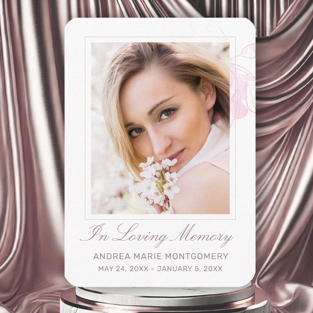 Carte De Visite En Mémoire d'amour Blush rose floral (Modern Elegant Cherry Blossom Watercolor Photo Funeral Card for Women)