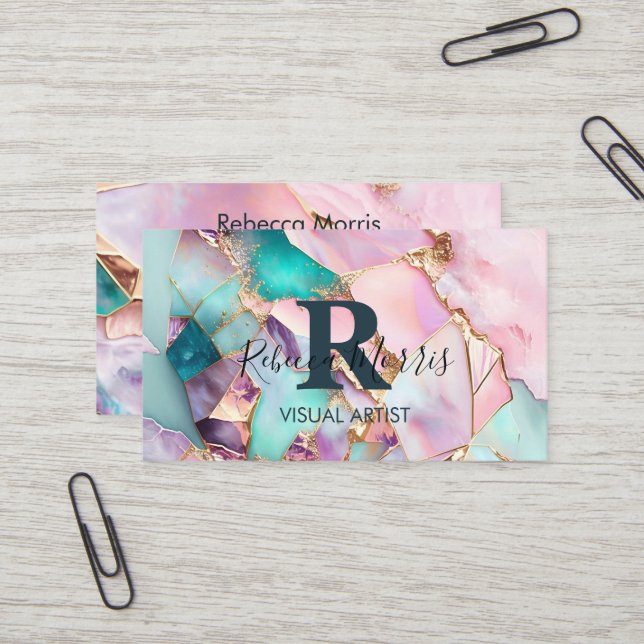 Carte de visite en pierre optique rose (Devant/Arrière en situation)