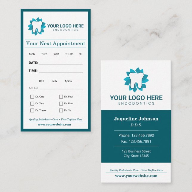 Carte De Visite Endodontie modifiable Prochain rendez-vous (Devant / Derrière)
