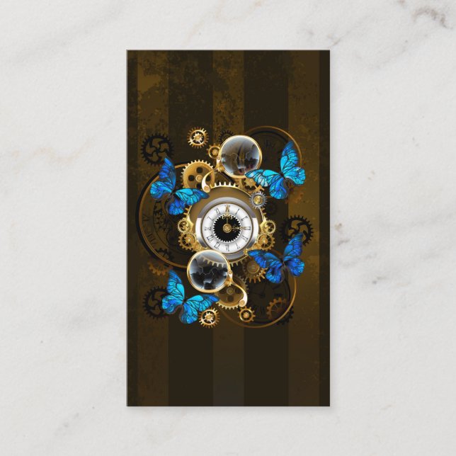 Carte De Visite Engrenages à vapeur et papillons bleus (Devant)
