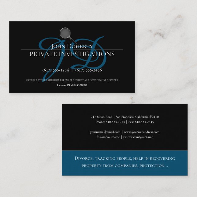 Carte De Visite Enquêtes privées | Inspecteur professionnel (Devant / Derrière)