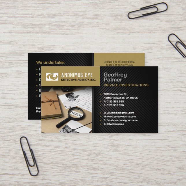 Carte De Visite Enquêtes privées | Inspecteur professionnel (Devant/Arrière en situation)