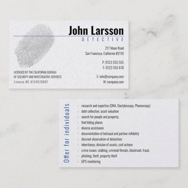 Carte De Visite Enquêteur privé | Inspecteur (Devant / Derrière)