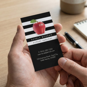 Carte De Visite Enseignant de l'école Pomme Élégant noir blanc ray