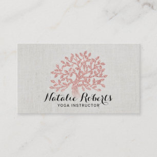 Carte De Visite Enseignant du yoga Rose Gold Tree Elegant Linen
