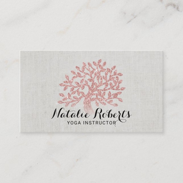 Carte De Visite Enseignant du yoga Rose Gold Tree Elegant Linen (Devant)
