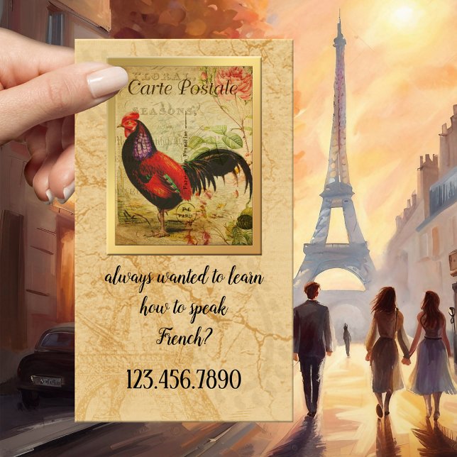 Carte de visite enseignant et tuteur français vint (Vintage business card featuring a French postcard with a rooster - French language teacher - France)