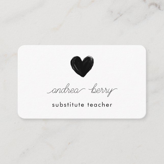 Carte De Visite Enseignant substitut au coeur noir minimal (Devant)