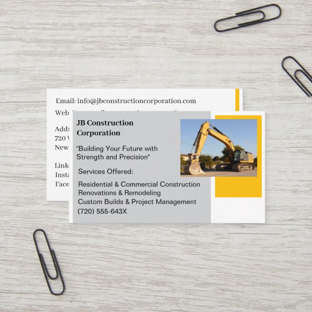 Carte De Visite Entraîneur blanc Bulldozer de construction jaune (Devant/Arrière en situation)