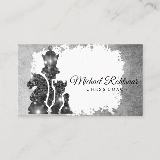 Carte De Visite Entraîneur d'échecs King Metallic Argent Faux (Devant)