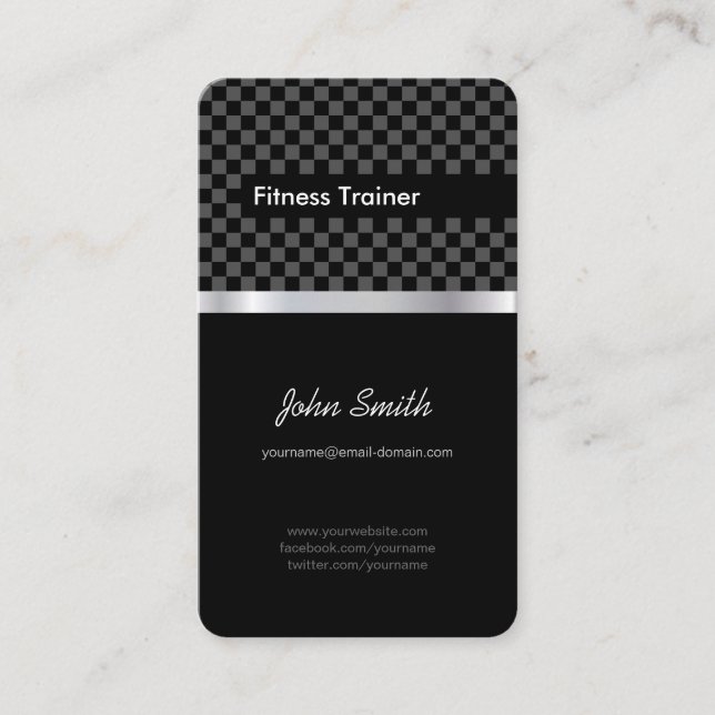 Carte De Visite Entraîneur Fitness - Élégant Carré d'argent noir (Devant)