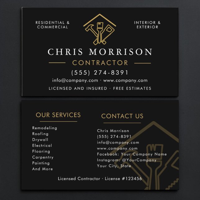 Carte De Visite Entrepreneur de construction Or Noir (Créateur téléchargé)